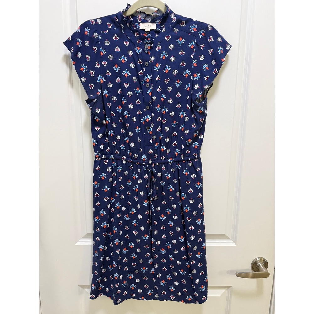 Loft Outlet Navy Blue Geometric Floral Ruffle Neck Button Front Dress Medium